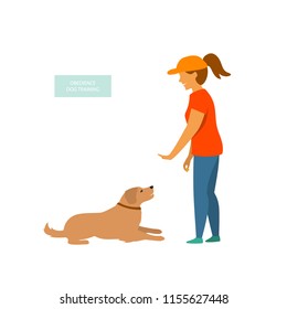 woman training a dog basic commands isolated vector illustration