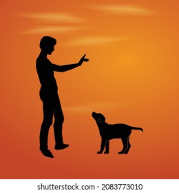 woman training a dog basic commands silhouette. Girl and pet puppy. Vector silhouette of a woman with a dog.