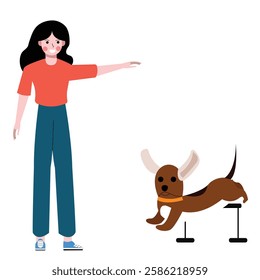 Woman training dog to jump. Female dog trainer, dog contest, obedient dog. Flat design vector illustration isolated on white background