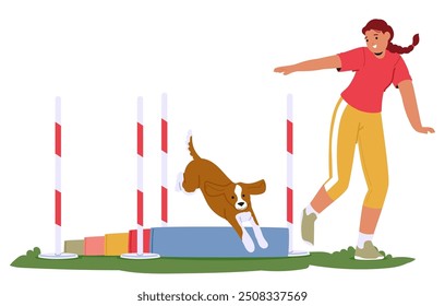 Woman Training A Dog To Jump Over Obstacles In An Outdoor Setting. The Dog Enthusiastically Leaps Over A Hurdle As The Female Character Guides It. Cartoon Vector Fun And Energetic Pet Exercise Scene