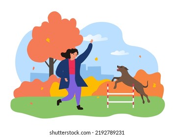 woman training dog jumping barrier in the autumn park vector illustration