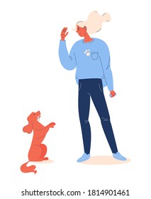 Woman training a dog. Vector characters isolated on white in orange and blue colors