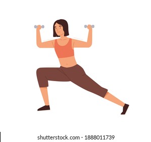 Woman training, doing lunges with dumbbell vector flat illustration. Female practicing warming up or fitness workout with sports equipment isolated on white. Sportswoman enjoying physical activity