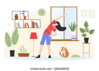 Woman training, doing yoga exercise at home vector illustration. Cartoon young yogist active girl character exercising and stretching for body health, healthy lifestyle activity isolated on white