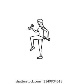 Woman training with dumbbells hand drawn outline doodle icon. Fitness in gym, exercises with dumbbells concept. Vector sketch illustration for print, web, mobile and infographics on white background.