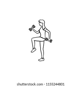 Woman training with dumbbells hand drawn outline doodle icon. Fitness in gym, bodybuilding exercises concept. Vector sketch illustration for print, web, mobile and infographics on white background.