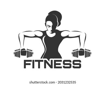 Formación de mujeres con diseño de logotipo del club de fitness monocromo Dumbell aislado en blanco. Ilustración vectorial.