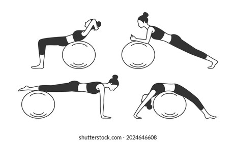 Woman training with exercise ball. Four patterns training.