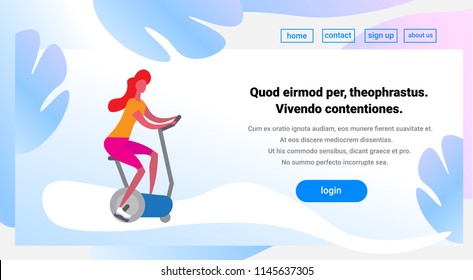 woman training exercise bike riding stationary bicycle cartoon character sport female activities isolated healthy lifestyle concept full length horizontal copy space flat vector illustration