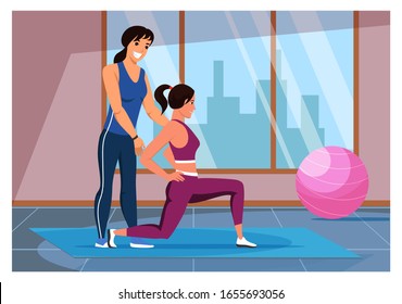 Woman training exercising with personal instructor at gym. Slim girl and trainer doing basic stretching exercises. Fitness for female. Healthcare and body beauty. People character. Vector illustration