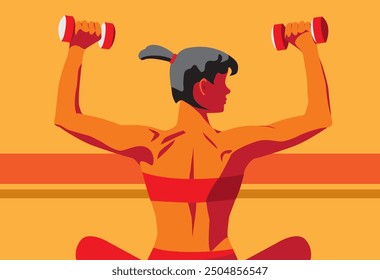 Woman training in gym lifting dumbbells, vector illustration with dynamic and warm tones