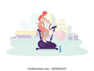 Woman Training in Gym on Exercise Bike. Sports Lifestyle, Workout, Health. Sportswoman Doing Cardio Exercising in Fitness Club. Biking Sport Hobby, Weight Loss Process Cartoon Flat Vector Illustration