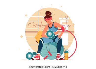 Formación de mujeres en gimnasia de ilustración vectorial. Niña en ropa deportiva bombeando músculos con campanas sucias y escuchando música de diseño plano. Deportista sentada en un vestuario. Aislado sobre blanco