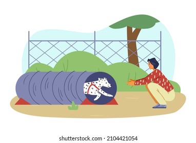 Woman training her dalmatian on agility field flat vector illustration. Dog runs out from agility tunnel.