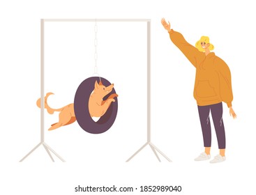 Woman training her dog to jump through wire. Vector concept illustration isolated on white