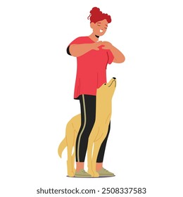 Woman Training Her Dog Using Hand Signals. The Dog Attentively Watches The Woman Commands, Capturing The Essence Of Pet Training, Obedience, And The Bond Between A Pet And Owner. Cartoon Illustration