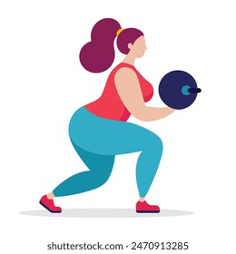 Woman training her lower body with barbell squats, flat vector illustration on white background