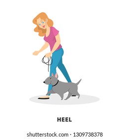 Woman training her pet dog. Heel command. Animal obedience. Pet owner teach and train puppy. Isolated vector cartoon illustration