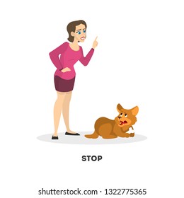 Woman training her pet dog. Stop command. Animal obedience. Pet owner teach and train puppy. Isolated vector cartoon illustration