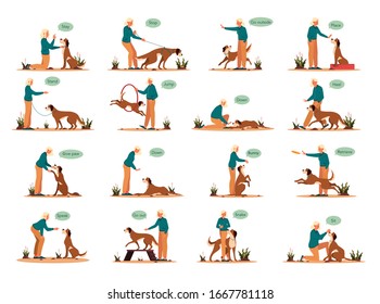 Woman Training Her Pet Dog Set. Collection Of Happy Puppy Having Command Lesson. Good Trainer Outdoor. Sit, Stay And Give A Paw Command. Isolated Vector Illustration In Cartoon Style