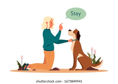 Mujer entrenando a su perro mascota. Feliz cachorro con la lección de comando. Buen entrenador al aire libre. Manténgase al mando. Ilustración vectorial aislada en estilo caricaturista