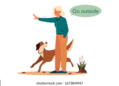 Woman training her pet dog. Happy puppy having command lesson. Good trainer outdoor. Go outsided command. Isolated vector illustration in cartoon style