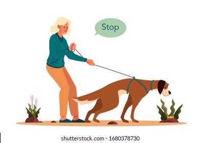 Woman training her pet dog. Happy puppy having command lesson. Good trainer outdoor. Stop command. Isolated vector illustration in cartoon style