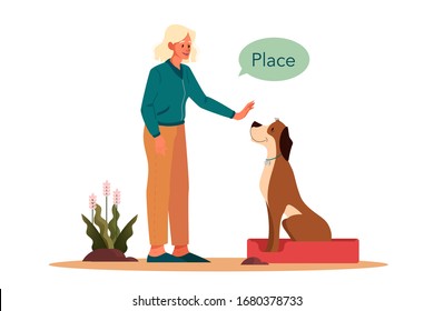 Woman Training Her Pet Dog. Happy Puppy Having Command Lesson. Good Trainer Outdoor. Place Command. Isolated Vector Illustration In Cartoon Style