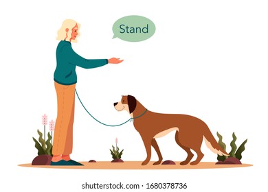 Woman training her pet dog. Happy puppy having command lesson. Good trainer outdoor. Stand command. Isolated vector illustration in cartoon style