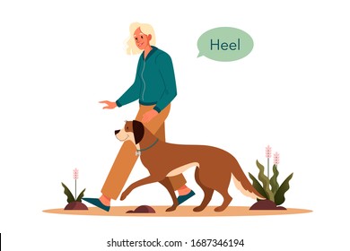 Woman training her pet dog. Happy puppy having command lesson. Good trainer outdoor. Heel command. Isolated vector illustration in cartoon style