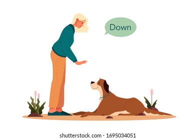 Woman training her pet dog. Happy puppy having command lesson. Good trainer outdoor. Down command. Isolated vector illustration in cartoon style