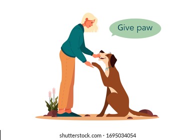 Woman training her pet dog. Happy puppy having command lesson. Good trainer outdoor. Give a paw command. Isolated vector illustration in cartoon style