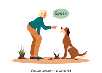 Woman training her pet dog. Happy puppy having command lesson. Good trainer outdoor. Speak command. Isolated vector illustration in cartoon style