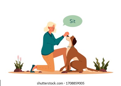 Woman training her pet dog. Happy puppy having command lesson. Good trainer outdoor. Sit command. Isolated vector illustration in cartoon style