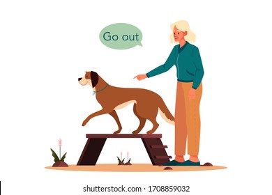 Woman training her pet dog. Happy puppy having command lesson. Good trainer outdoor. Go out command. Isolated vector illustration in cartoon style