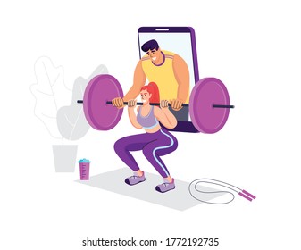 Woman training at home with an online coach in her smartphone helping her. Hand drawn vector illustration for a social media, banner, add.