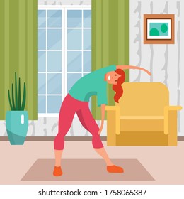 Woman training at home, vector illustration. Girl character fitness workout, lifestyle activity and flat exercise, young body. Healthy person fit for active stretching at quarantine, cartoon wellness.