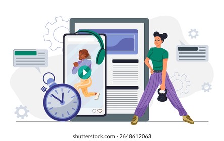 Woman training at home. Young girl with kettlebell near smartphone with fitness trainer. Active lifestyle and sports. Workout and training, physical activity. Flat vector illustration