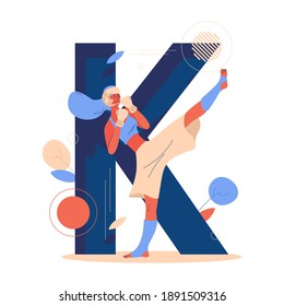 Woman training kickboxing sport. Large letter K on background. Vector concept illustration for female martial arts school or club isolated on white.