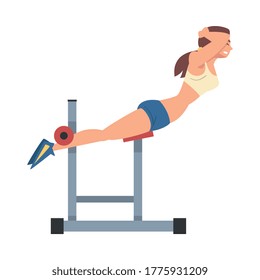 Woman Training on Abdominal Crunch Bench Vector Illustration