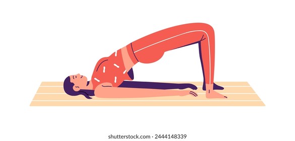 Woman training on mat. Girl during Kegel exercise, workout for healthy pelvic muscles. Person lying on floor, pelvis raised up position. Flat vector illustration isolated on white background