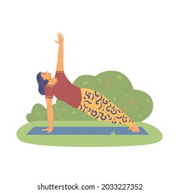 Woman training outdoors and doing yoga asana, flat vector illustration isolated on white background. Yoga, sport exercises and fitness outdoors concept.