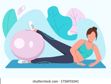 Woman training with stability ball flat color vector faceless character. Fitness instructor, sportswoman working out with swiss ball isolated cartoon illustration for web graphic design and animation