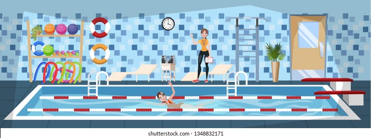 Woman training in the swimming pool. Gym interior design. Fitness in water and healthy lifestyle. Doing sport exercise. Trainer standing at the pool. Vector illustration in cartoon style