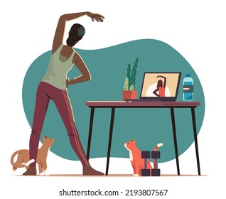 Woman Training Watching Fitness Video Tutorial Online On Laptop Computer At Home With Cats Pets. Person Stretching Body Doing Workout Exercises. Distance Sport Education Flat Vector Illustration