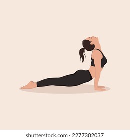 Woman training yoga asana Cobra Pose. Young girl doing yoga exercises and demonstrating yoga asana Bhujangasana  on light background. Flat vector illustration.