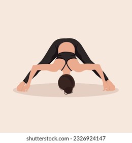 Woman training yoga asana Intense Leg Stretch Pose D,  Young girl practice Wide Legged Forward Fold Pose D,  Wide Angle Forward Fold D  on light background, vector illustration 