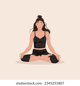 Woman training yoga asana lotos, Young girl practice meditation. Flat vector illustration isolated on light background