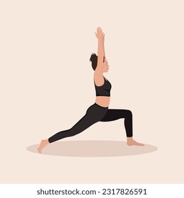 Woman training yoga asana Low Lunge Pose, Crescent Low Lunge Pose, Crescent Moon Pose. Young girl practice Anjaneyasana on light background, vector illustration