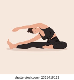 Woman training yoga asana 
Revolved Head to Knee Prep , Young girl practice Parivrtta Janu Sirsasana Prep on light background, vector illustration 